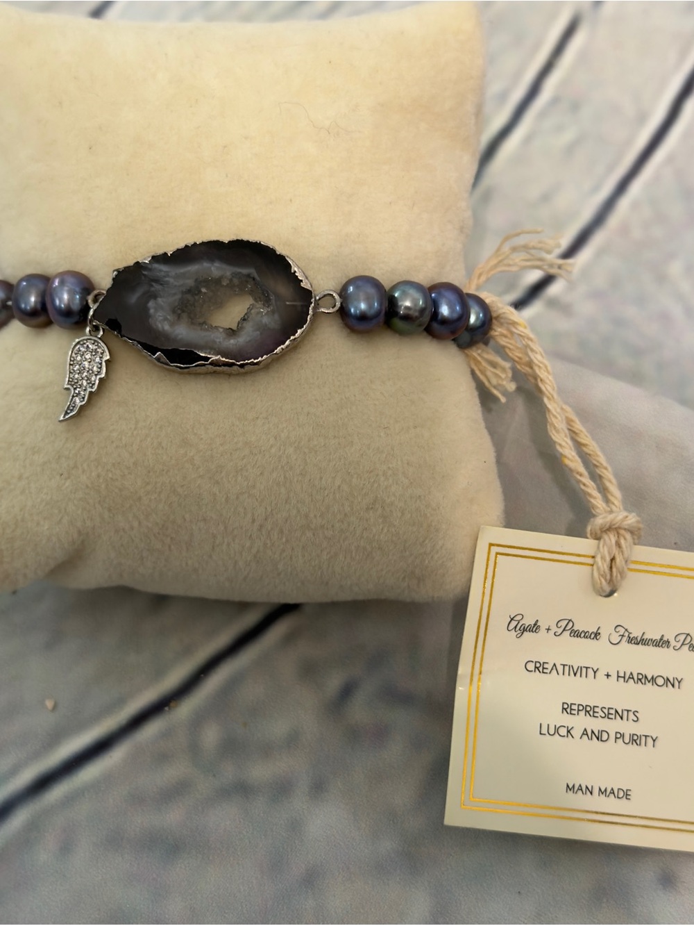 Peacock Freshwater Pearl & Gray Agate Geode Bracelet with Wing Charm